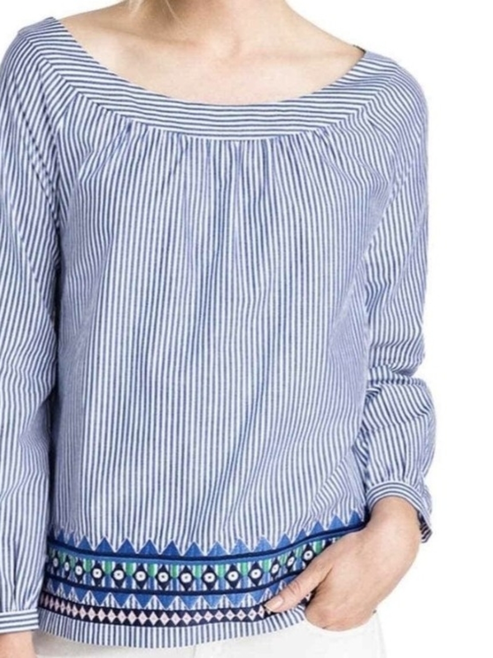 Vineyard Vines Striped Blue Embroidered Hem Women's Top